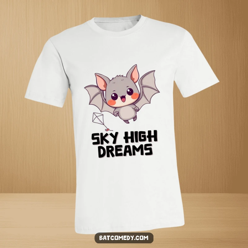 Funny t-shirt graphic of a black bat with excited eyes, determined to fly a miniature kite.