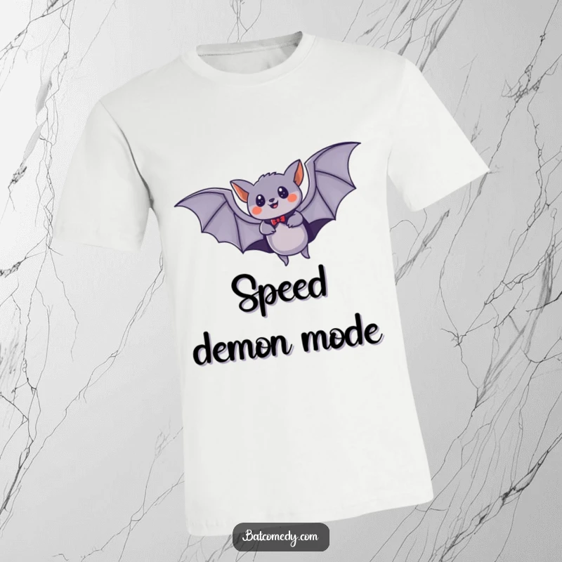 Funny t-shirt displaying a bat in a small cape, flying with great speed across the night sky, embodying a tiny superhero.