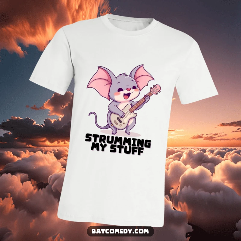 Funny T-shirt showcasing a kawaii bat energetically playing a tiny guitar, embodying the spirit of a rock star with a cute twist.