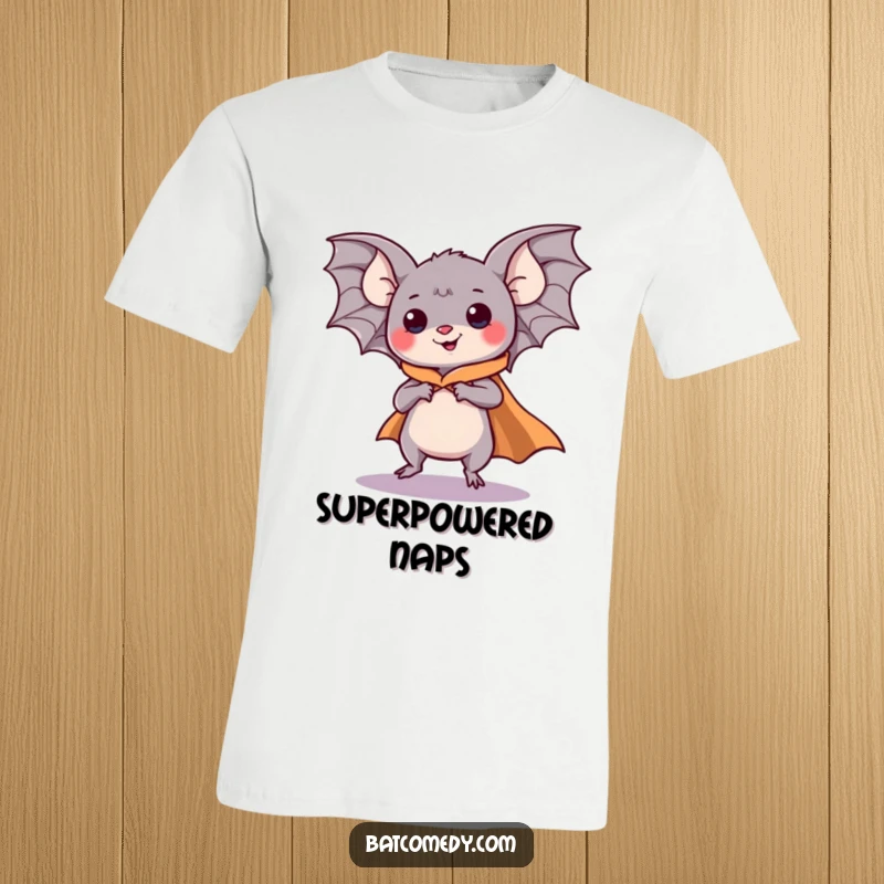 Funny kawaii bat in a superhero cape, leaping and pretending to fly with comic flair on a humorous t-shirt.