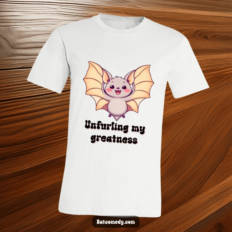 Funny kawaii bat t-shirt featuring a delighted bat with its wings spread wide, conveying a sense of joy and liberation.