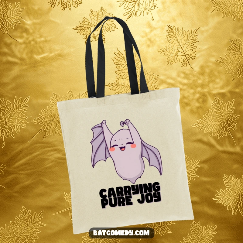 Funny bat tote bag displaying a bat hanging upside down, eyes closed in a fit of giggles, perfect for carrying joy.