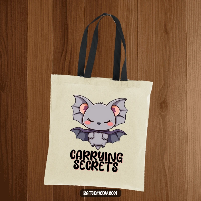 Funny tote bag showcasing a black bat wearing a small cape and a mischievous smirk, ready for errands.