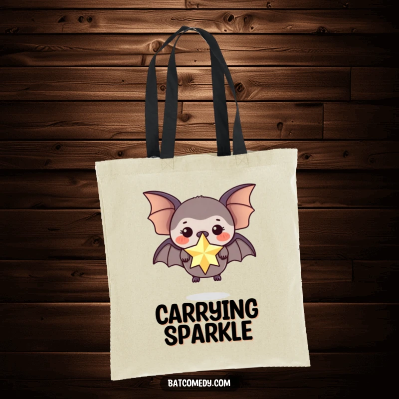 Funny tote bag featuring a black bat balancing a sparkling star on its nose, looking magical.