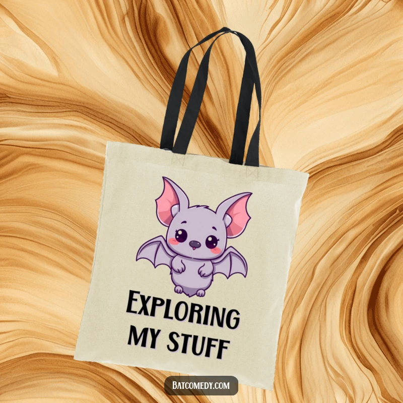 Funny kawaii bat with small wings spread, looking curiously on a tote bag, perfect for carrying adventure essentials.