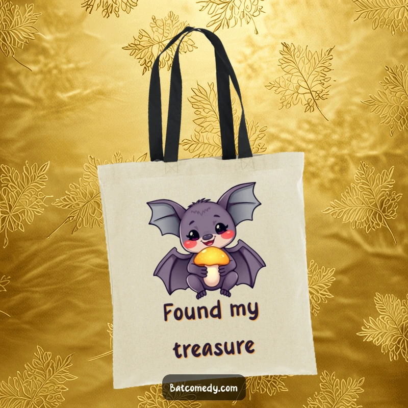 Funny tote bag showcasing a smiling bat holding a glowing mushroom, symbolizing wonder and the magic of nature.