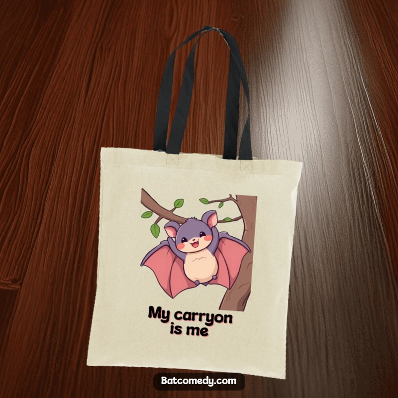 Funny tote bag design of a bat hanging upside down with a wide, infectious grin from a tree branch.