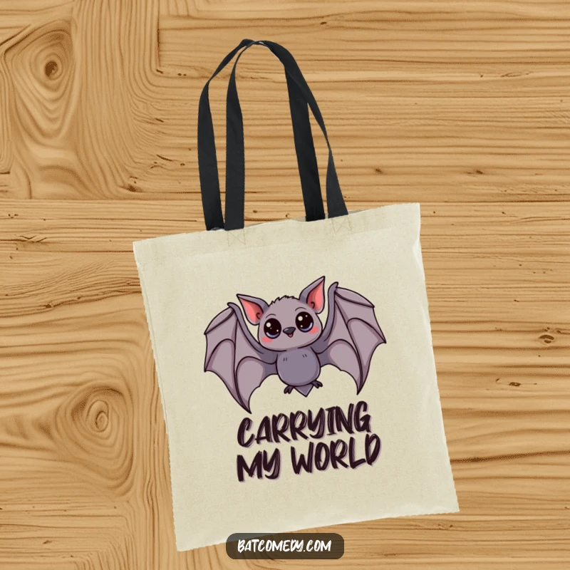 Funny bat tote bag displaying a bat with large, curious eyes, captured mid-swoop with its wings elegantly spread wide.
