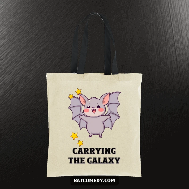 Funny tote bag showcasing a bat excitedly juggling three tiny stars with its wings, symbolizing cosmic wonder and fun.