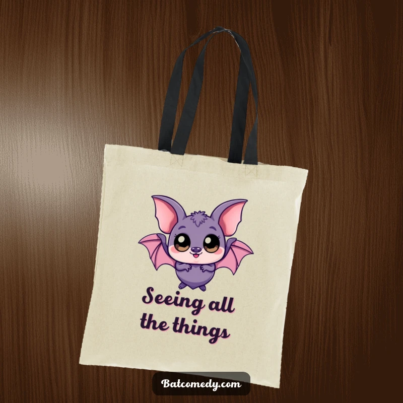 Funny kawaii bat tote bag featuring a bat with enormous, playful eyes, perfect for shopping or carrying daily items.