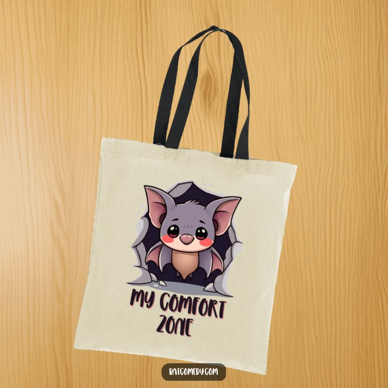 Funny tote bag featuring a shy bat peeking from its cave with a hesitant, sweet smile, perfect for understated humor.