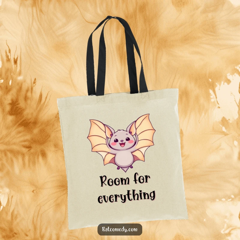 Funny kawaii bat tote bag with a bat spreading its wings wide in delight, perfect for shopping or carrying daily items.